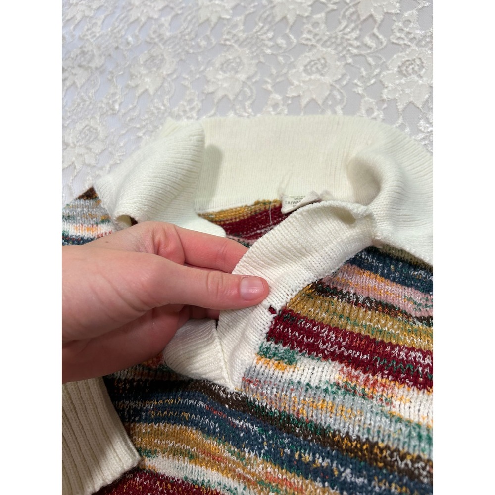 Vintage 70s Striped Polo Sweater Knit V-Neck S Boho Retro Fall Eclectic Boho - Picture 5 of 6